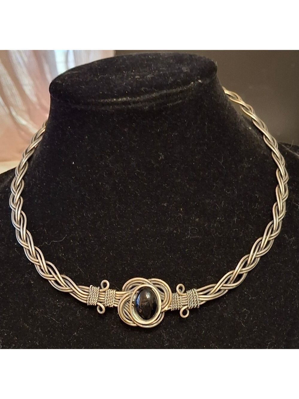 Isis Style Silver Braided Cuff Necklace with Black Stone